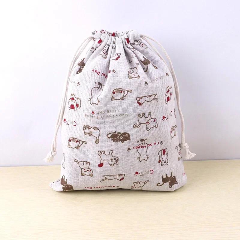 Cotton Linen Drawstring Bag Cute Cartoon Pattern Animal Plant Printed Pouch Dustproof Storage Bag Gift Packaging Bags