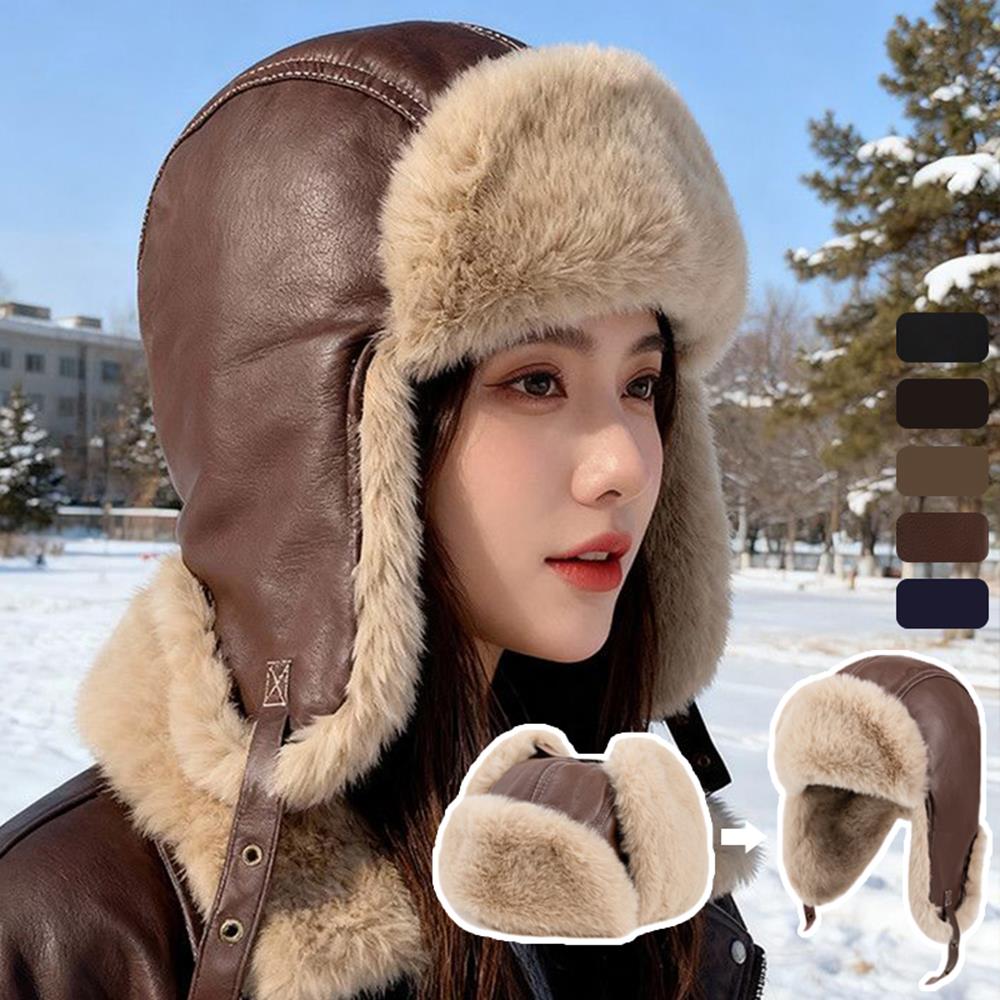 Russian Winter Earflap Hat Ear Protector Women's Hat Faux Fur Leather Snow Cap Ushanka Outdoor Fur Hat Thick Pilot Trapper Hats