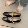 Vintage Square Toe Shallow Mouth Mary Jane Shoes Women One-line Buckle Belt Solid Genuine  Women Single Shoes All Match