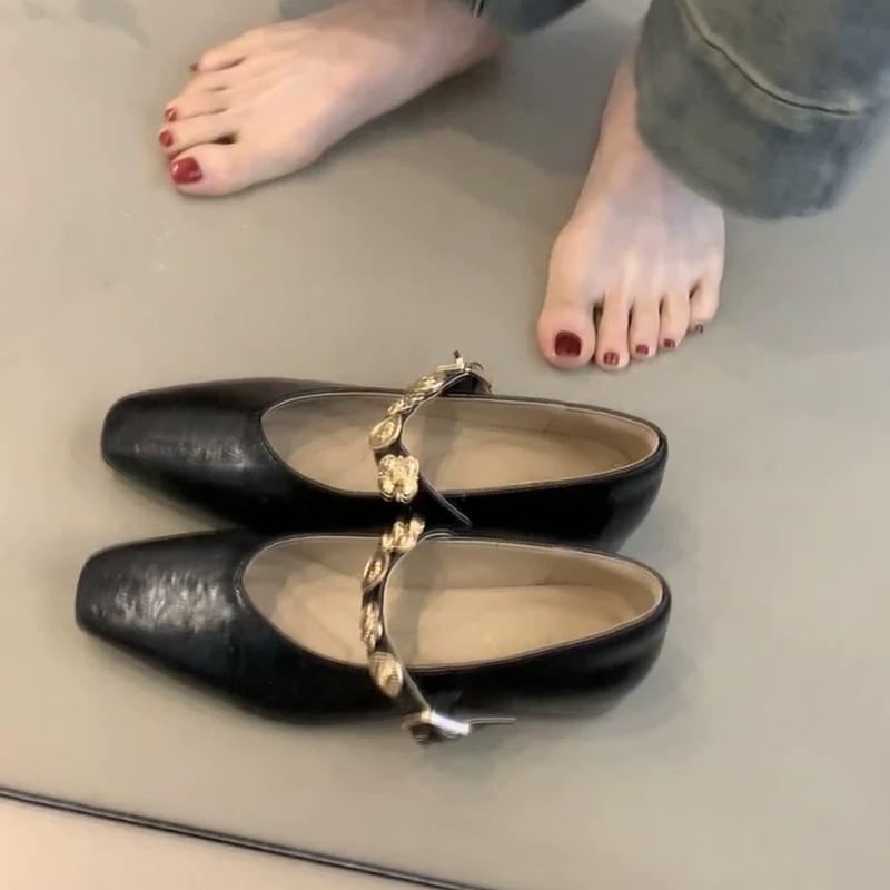 Vintage Square Toe Shallow Mouth Mary Jane Shoes Women One-line Buckle Belt Solid Genuine Women Single Shoes All Match