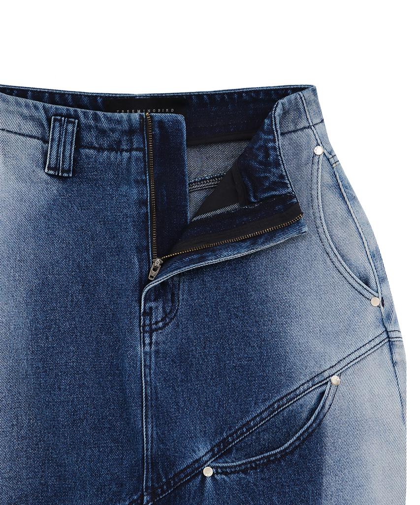Teulimingbeodeu Curved Pocket Cut Denim Skirt [ Blue ]