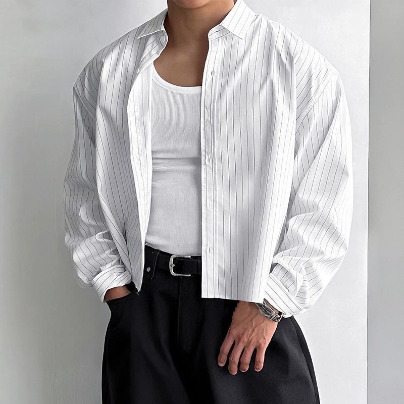 2026 Spring and Autumn New Men's Long-Sleeve Striped Shirt, Loose Short Base Shirt