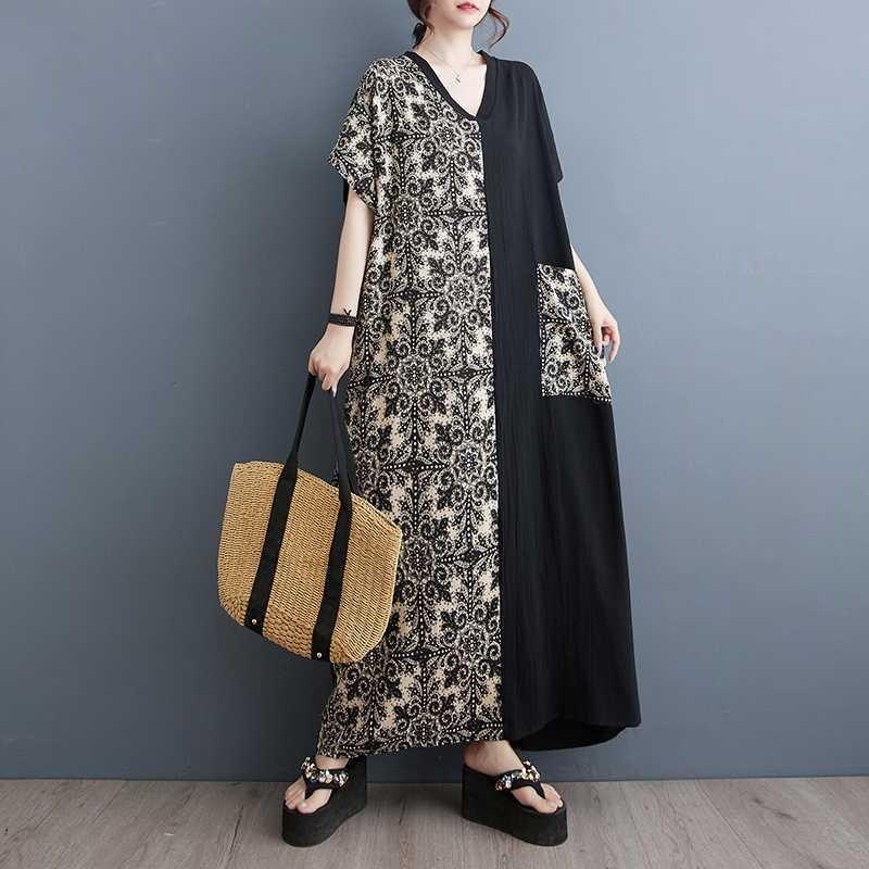 Summer Vintage Colorblocking 200 Pounds Long Dresses Big Pockets V-Neck Dresses
