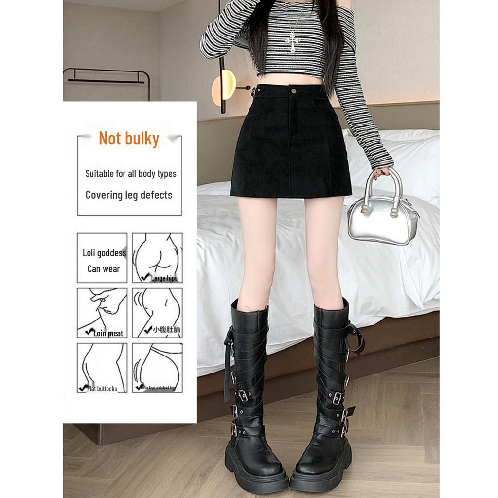 Coffee Suede A-Line High Waist Thickened Short Skirt - Plus Size Women's Hip-Hugging Slim Fit for Spring and Autumn
