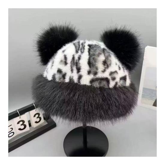 Winter Hat Retro Style Leopard Print Plush Trim Windproof Hat Bear Ear Decor Thickened Warm Women Hat