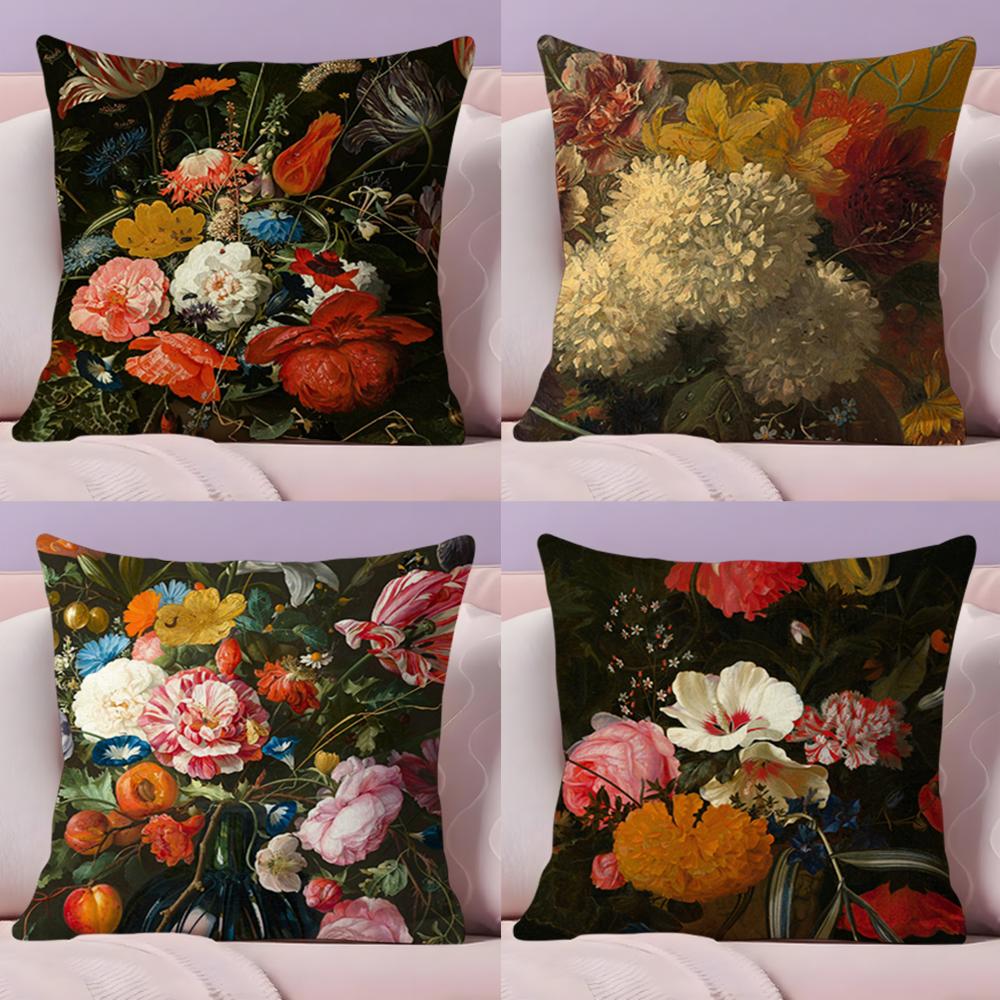 Beautiful Oil Painting Flowers Pillow Case Plush Fabric Soft Double-Sided Printed Sofa Warm Winter Home Gift Cushion Cover