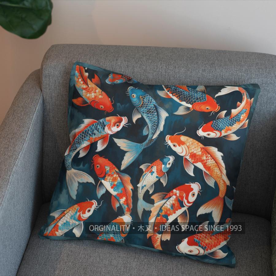 2D Colorful Koi Fish Pattern Decorative Pillow Cover Pattern Cushion Cover Suitable For Sofa Bedroom Car Pillow Cover