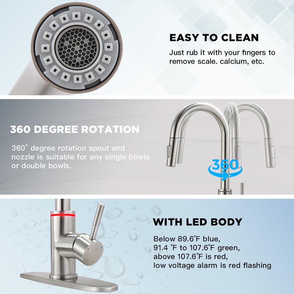 LED Kitchen Faucets Solid Brass Stainless Steel Single Handle Kitchen Basin Faucets Deck Mounted Hot&Cold Water Mix Tap 866069
