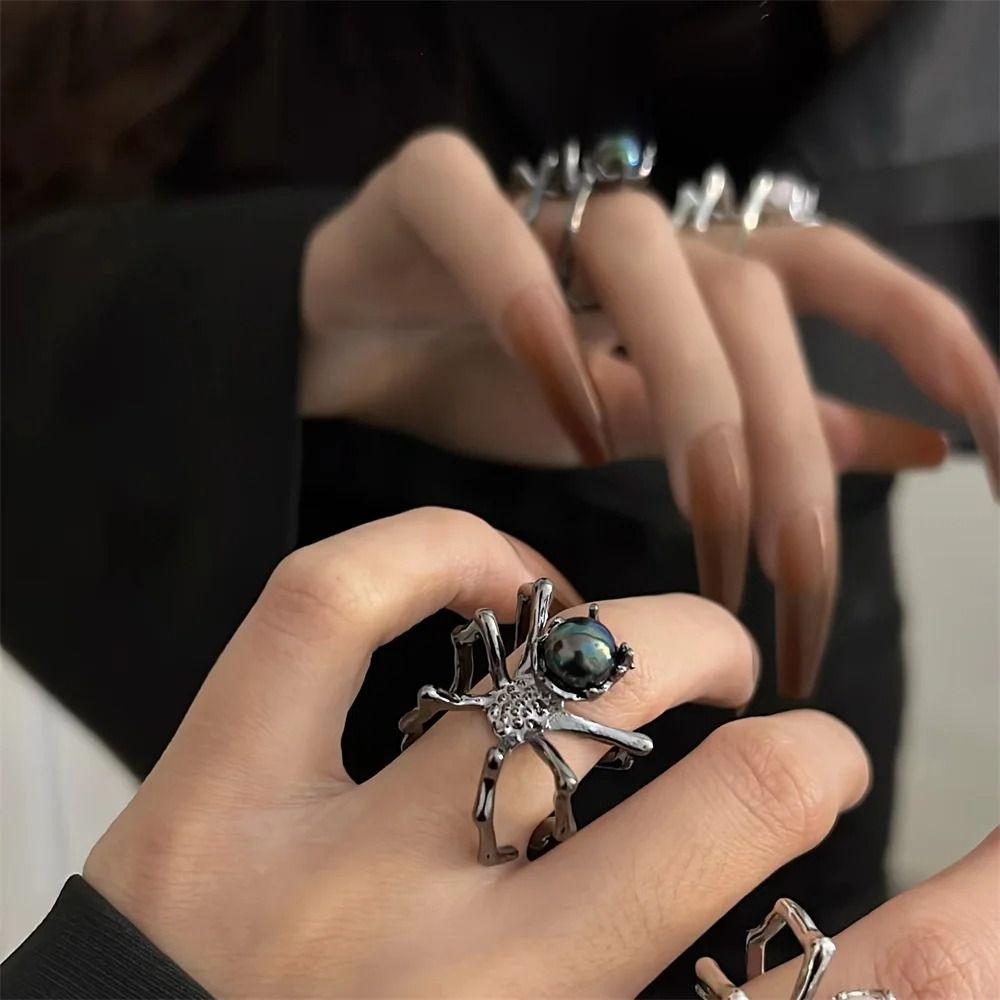 Black/Silver Retro Moonstone Black Ring Alloy Gem Spider Ring Fashion Spider Finger Rings  Man