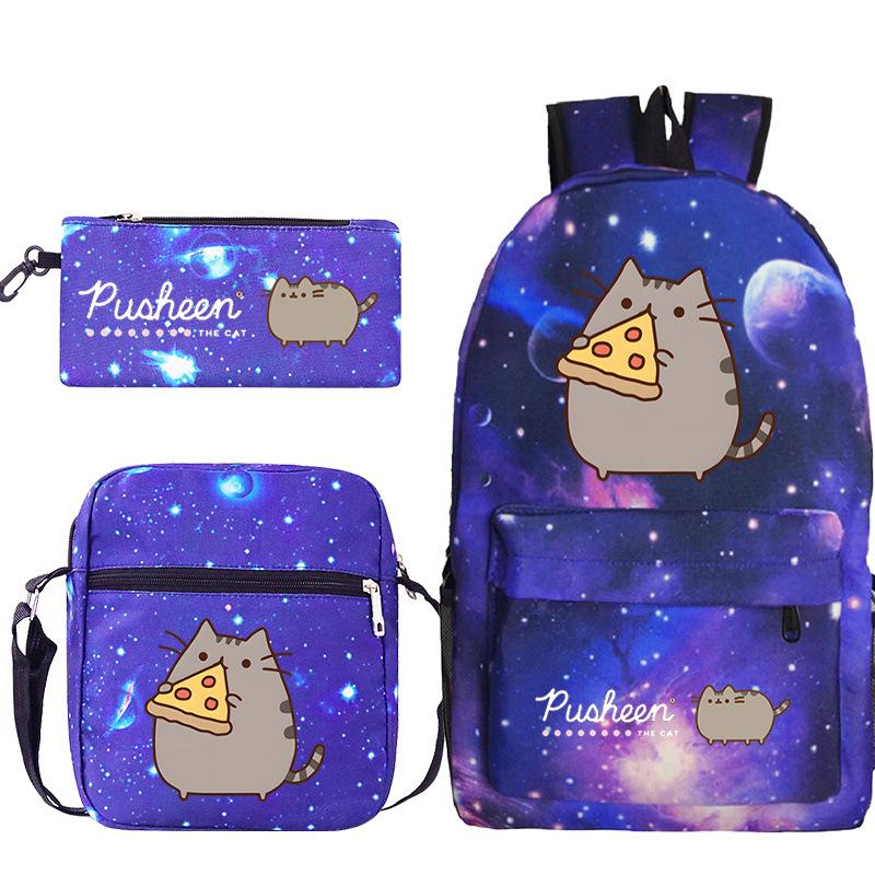 Pusheen fette Katze niedlicher Cartoon bedruckter Schulranzen grenzüberschreitende Studenten tragbare Umhängetasche Federmäppchen dreiteiliges Set