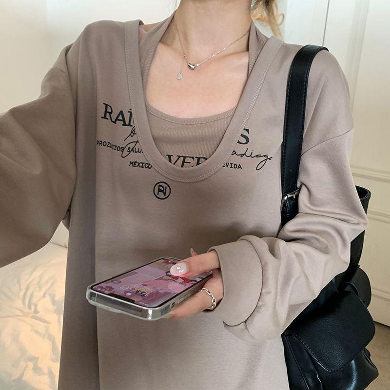 

Женские футболки, повседневные, большие размеры в Корейском стиле, Harajuku Sweet Y2k, уличная одежда, комплект из двух предметов, женский модный топ с длинными рукавами XL хаки