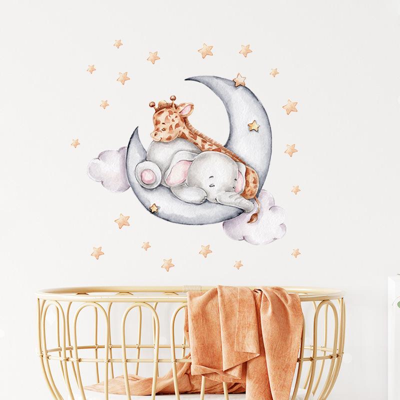 Goodnight Moon Baby Elephant and Deer Cartoon Wall Stickers, Self-Adhesive Cute Animal Decor for Kids Room Decoration