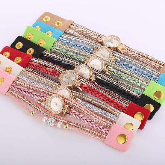 Women Rhinestone Bead Round Dial Snap Button Multi Layer Bracelet Quartz Watch