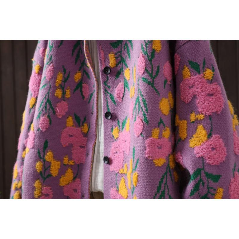 Dimanaf 2025 Květinové svetry Kardigan Podzim Ženy Potisk O-výstřih Svetry Pletení Volný Černý svetr