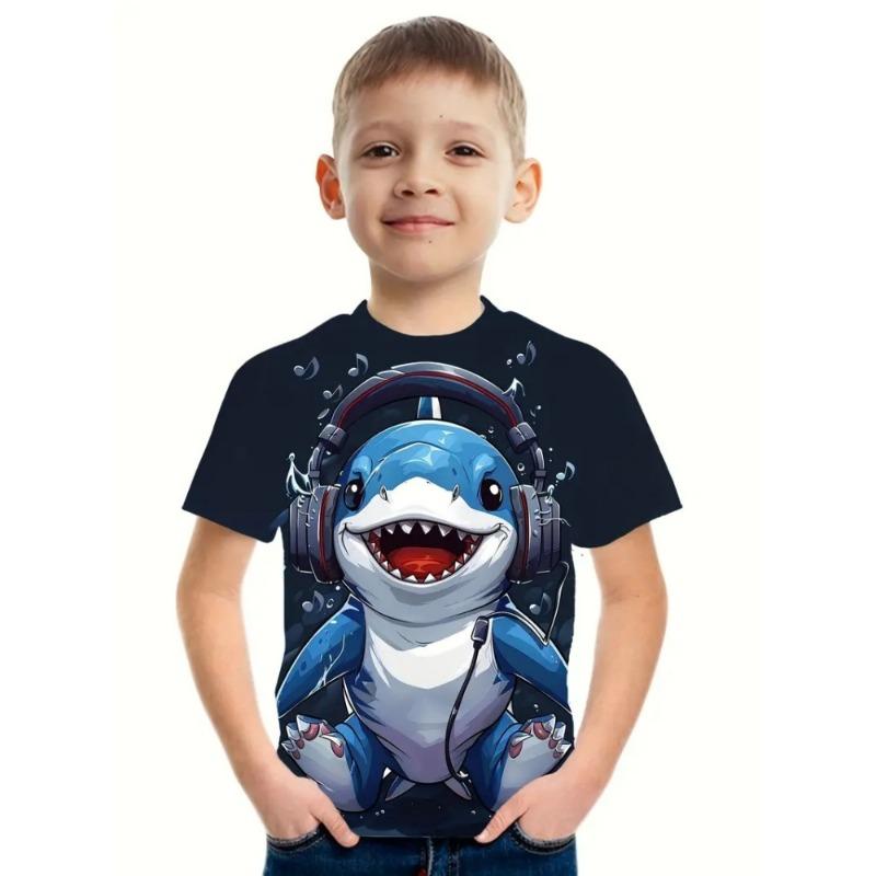 Summer Boys Clothes Breathable Elastic Comfortable Children's T-Shirt Cartoon Shark Casual Cool Summer O-Neck T-Shirt for Boys