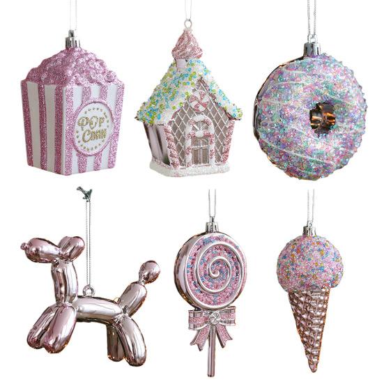 Christmas Ornament Sparkling Pink Series Ice Cream Doughnut Shape Hanging Pendant Farmhouse Xmas Decor