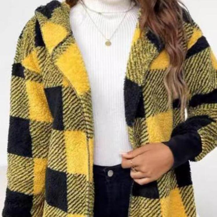 Open Front Hooded Sweater Coat Women Loose Fit Mid Length Plaid Print Knitting Long Sleeve Knitwear