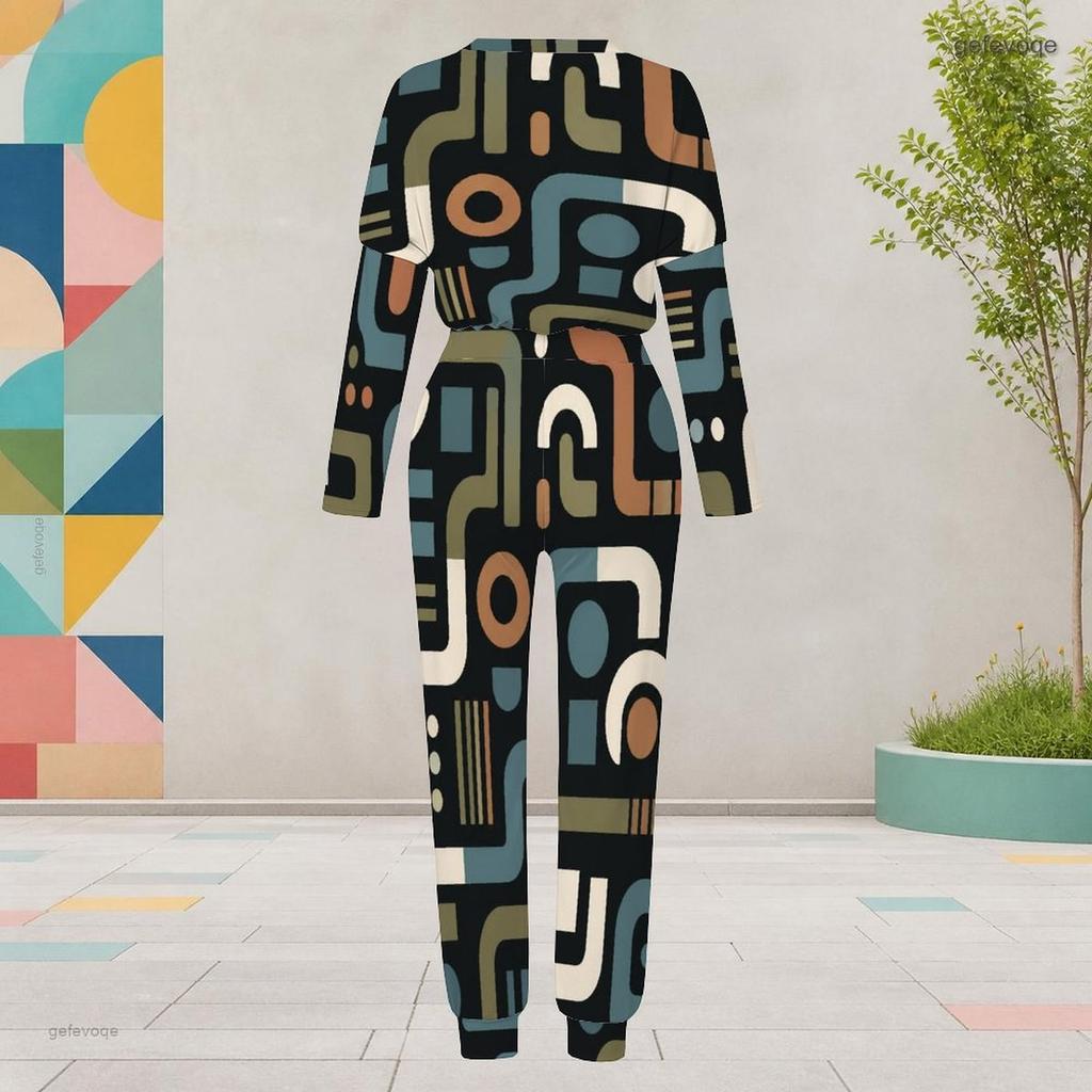 Women Plus Size Abstract Printed Round Neck Long Sleeve Cuffed Top And Pants Two Piece Set With Pockets