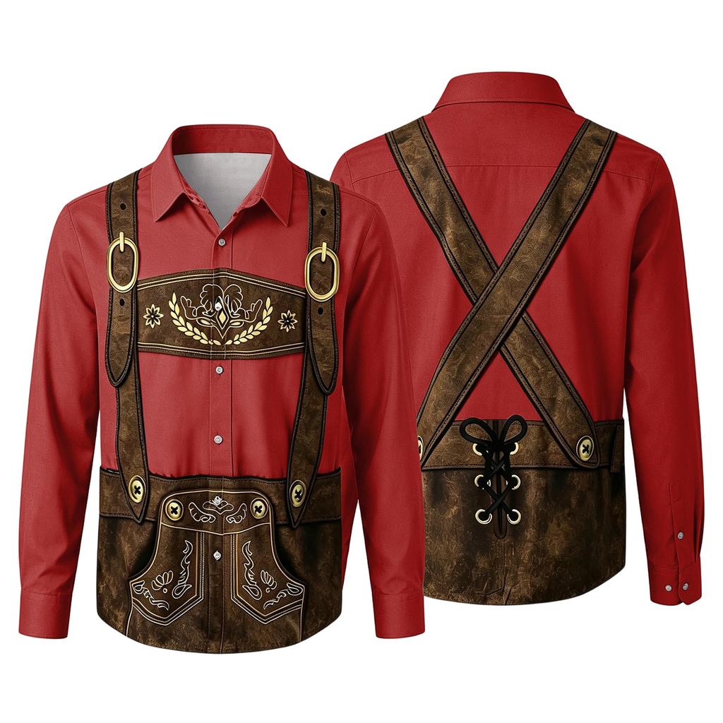 Camicia da uomo per l'Oktoberfest con stampa 3D, vestibilità larga, manica lunga, colletto, casual, stile vintage, traspirante, per lavoro, festival all'aperto, festa