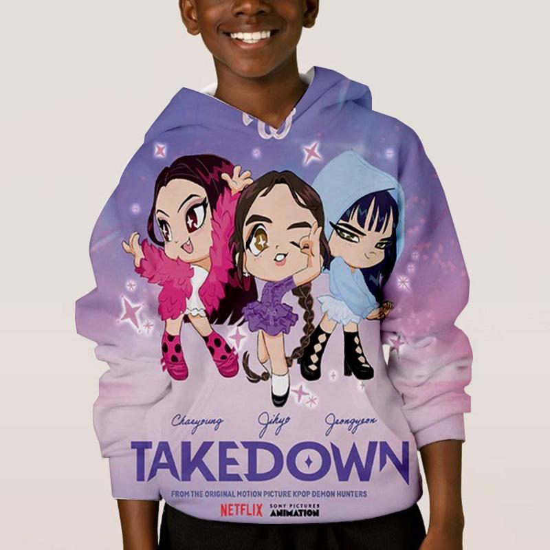 KPop Lovci démonů Dětské Hip-hopové Zábavné Vzorové Oblečení Móda Ležérní Volné Dětské Topy Dětské Chlapecké Mikiny s Kapucí