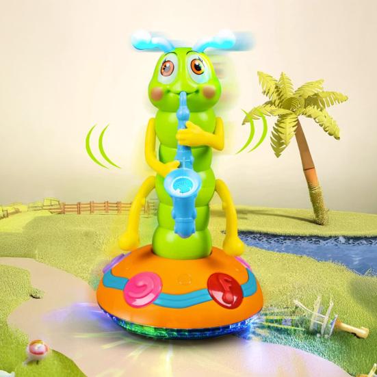 Electric Dancing Caterpillar Toy with LED Light Music Toddlers Swinging Saxophone Caterpillar Toy Boys Girls Tummy Time Interactive Crawling Toy