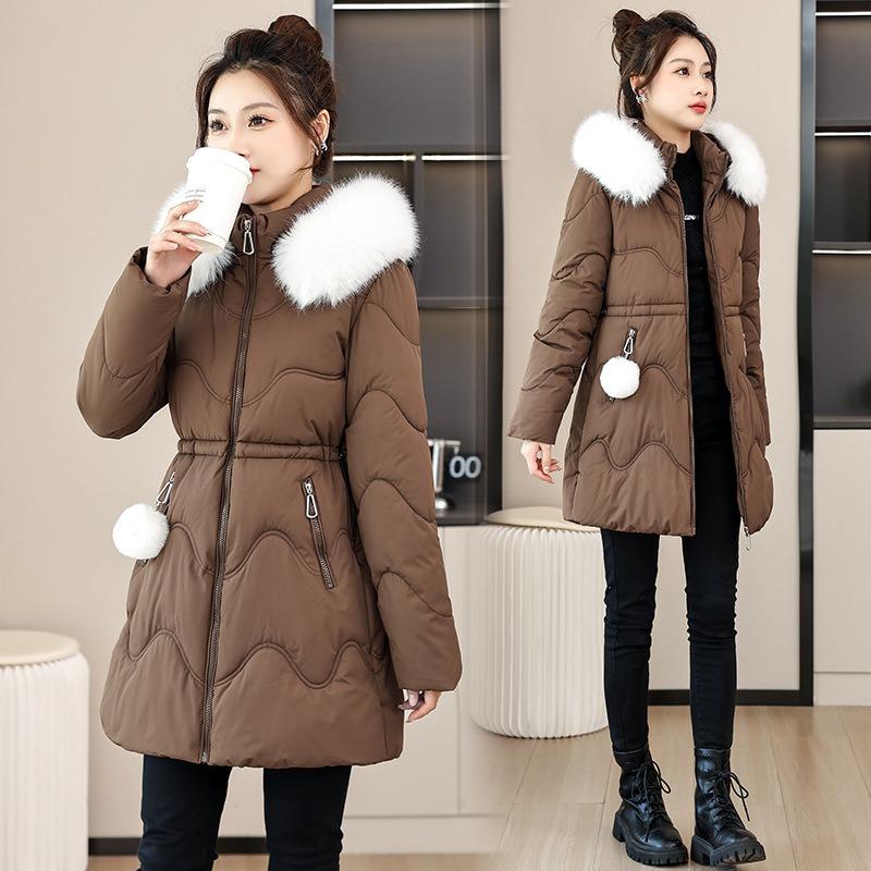 White Fur Collar Waist Padded Clothes Women's Winter New Medium and Long Hooded Padded Clothes Casual Padded Jacket
