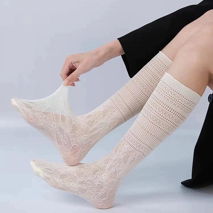 Fashion Spring Summer Hollow Out Socks Black White Lace Women Lolita Y2k Younger Breathable Socks Thin Cute Mid Calf Crew Socks