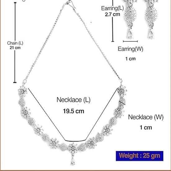 Rhodium Plated Silver Toned White American Diamond Studded Necklace With Earring Jewellery Set For Woment and Girl