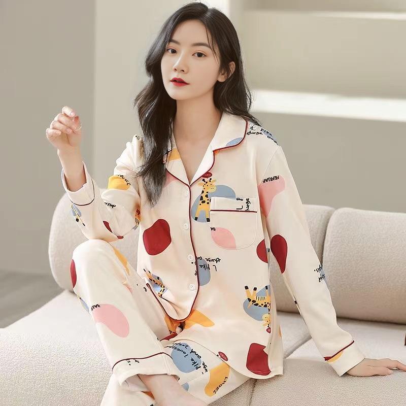 100% pure cotton pajamas women's long-sleeved printing set casual loose spring and autumn thin air-conditioned clothing loungewear can be worn outside