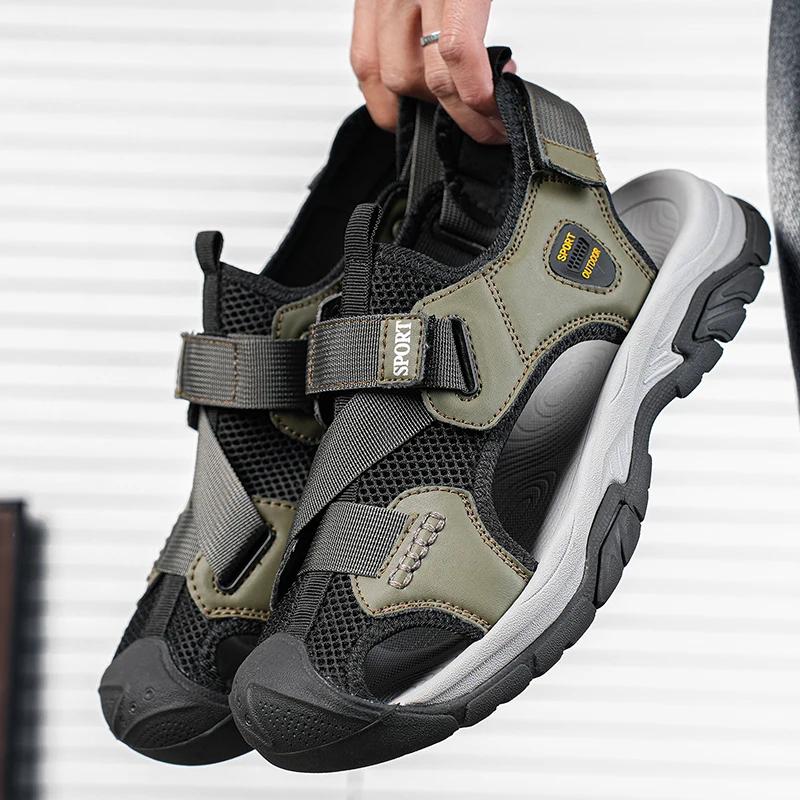 New Arrival Leather Summer Flats Lightweight Breathable Beach Shoes Comfortable Sandals Handmade Anti-collision Toe Men Sandals