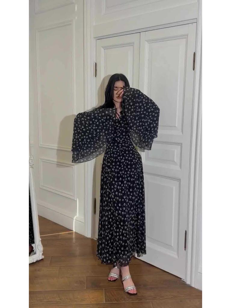 2024 Spring Chiffon Patchwork Dress with Irregular Hem and Ruffle Sleeves