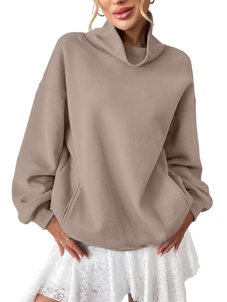 Women's Fleece-Lined Ribbed Turtleneck Sweatshirt Long Sleeve Casual Loose Pullover