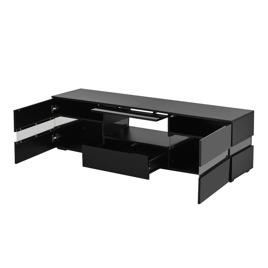 Moderní lesklá TV skříňka, 160x39x45 cm, s LED osvětlením, 2 dveře, 1 zásuvka, otevřená přihrádka, vhodná pro 70palcové televize