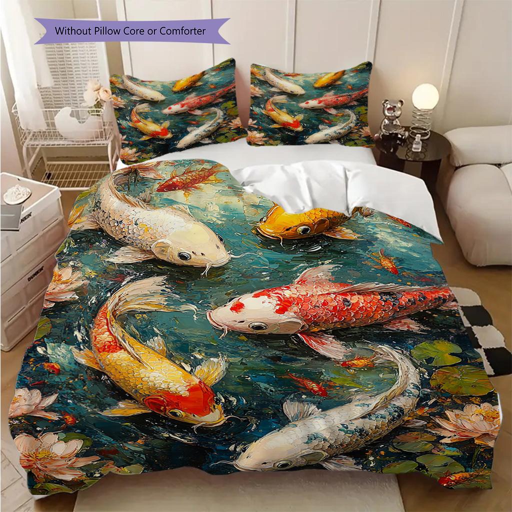 Koi Fish Pattern Bedding Quilt Set Quilt Cover Pillowcase Home Decoration Birthday Gift (1 * duvet cover + 2 * pillowcase, without core)