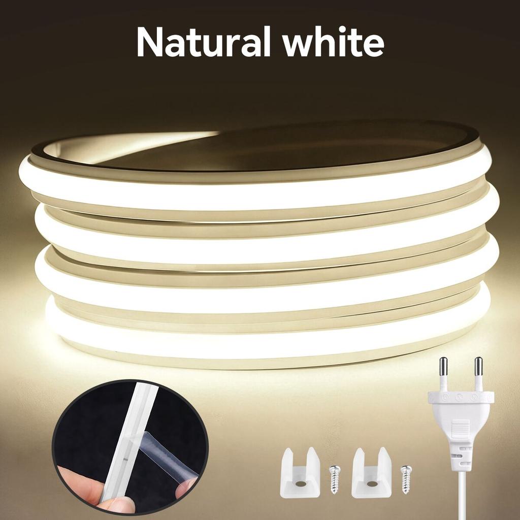 Fireproof Silicone LED Neon Light Strip 220V EU Plug In Self-Adhesive Even Glow COB LED Tape For Room Kitchen Outdoor Garden