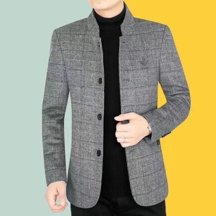 

Men s Woolen Stand Collar Jacket for All Seasons L сірий колір