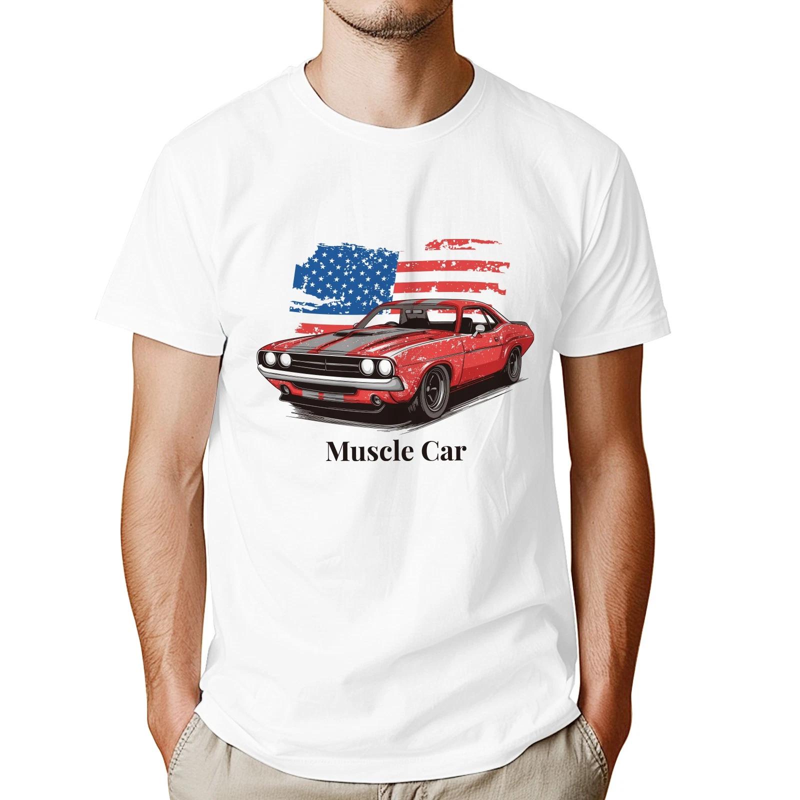 Men s American Flag Muscle Car Graphic T-Shirt Retro Car Culture Cotton Tee S