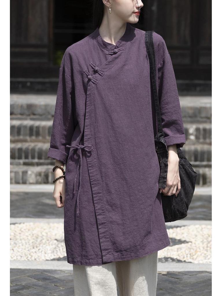 2026 Spring Women's Asymmetrical Cotton Linen Robe with Frog Buttons and Tie-Up Collar - Retro Chinese Zen Tea Wear