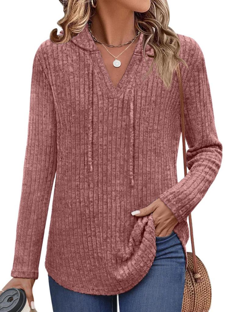 2025 Autumn/Winter Women's Plus Size V-Neck Hooded Ribbed Long Sleeve Loose T-Shirt