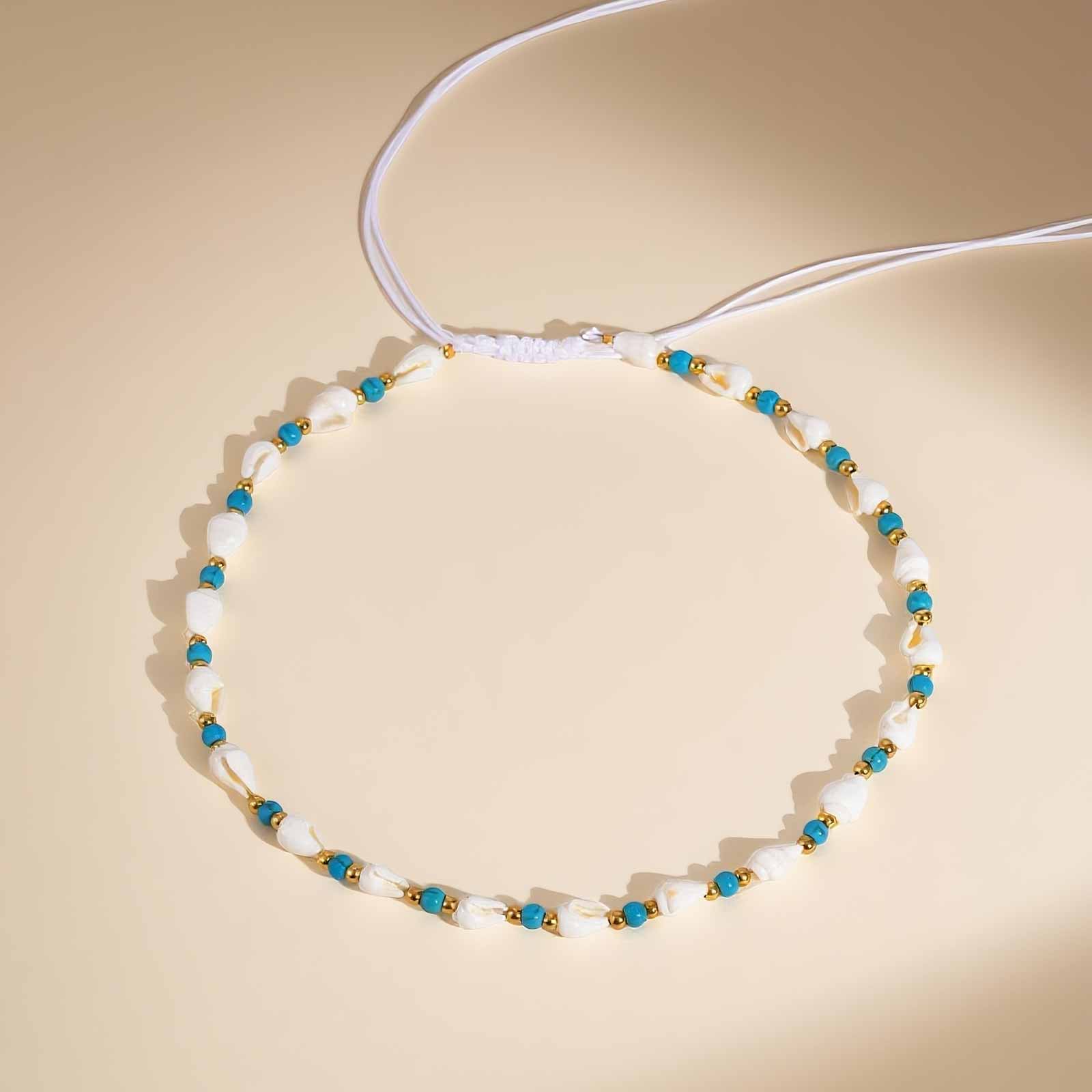 

Ocean Style Shell Beads Chain Necklace for Women, Handmade Braided Adjustable Necklace, Stainless Steel Summer Beach Jewelry