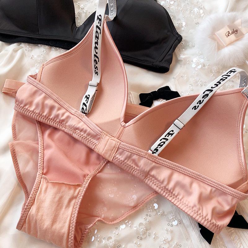 Ice Silk Comfort Underwear Set Women Sexy Deep V Push Up Bra Set Shoulder Strap Letters Adjustable Brassiere and Lace Panties