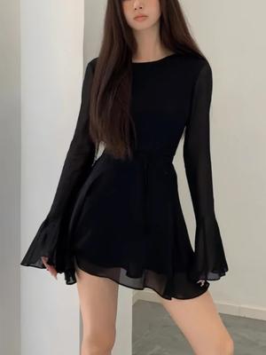 Elegant Backless Black One Piece Dress Women Hollow Out Mesh Patchwork Sexy Slim Dress Female Lace-up Ruffle Mini Dress Party