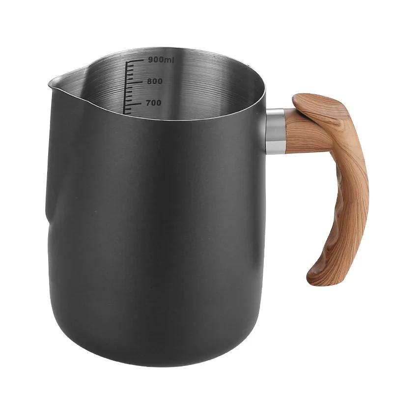 Coffee Milk Frothing Pitcher Jug 304 Stainless Steel with Scale Wooden Handle Eagle Spout Latte Coffee Kitchen Cafe Accessories