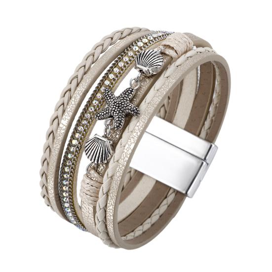 

Women Braided Bracelet Multi-Layer Bohemian Faux Leather Rope Starfish Shell Decor Secure Closure Wristband