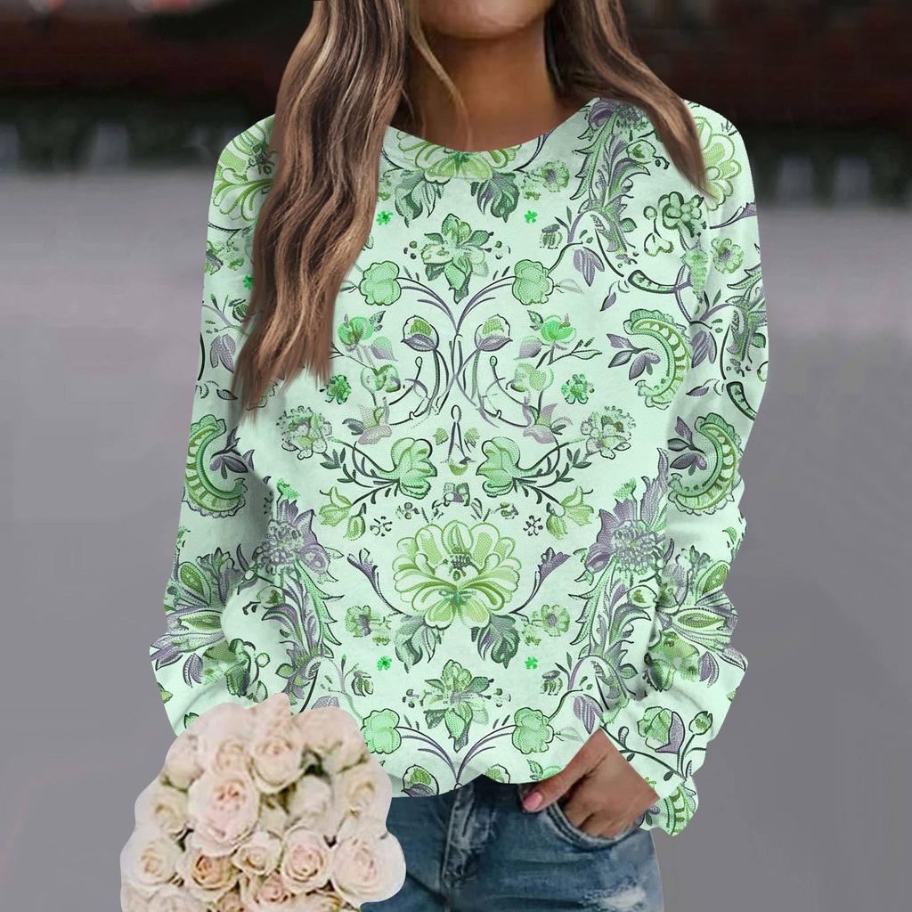 Ladies' Casual Long Sleeved Retro Floral Print Round Neck Raglan Top Pullover Sweater