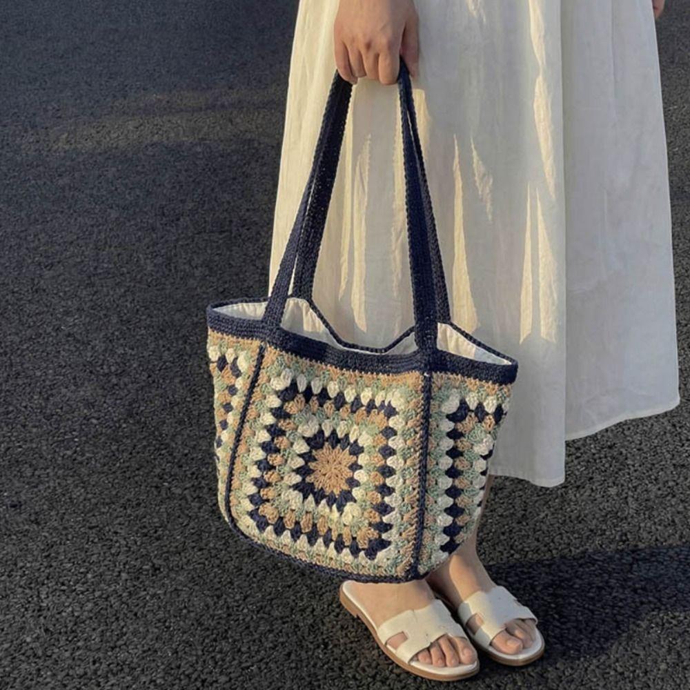 Braided Hollow Out Knitted Weave Bag Ethnic Style Beach Bag Sweet Crochet Tote Bag  Beach