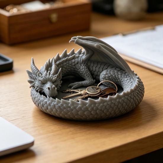 3D Printed Fantasy Dragon Jewelry Tray, Gothic Winged Dragon Desktop Organizer, Mythical Dragon Figurine Key Bowl for Bedside Nightstand, Home Decor