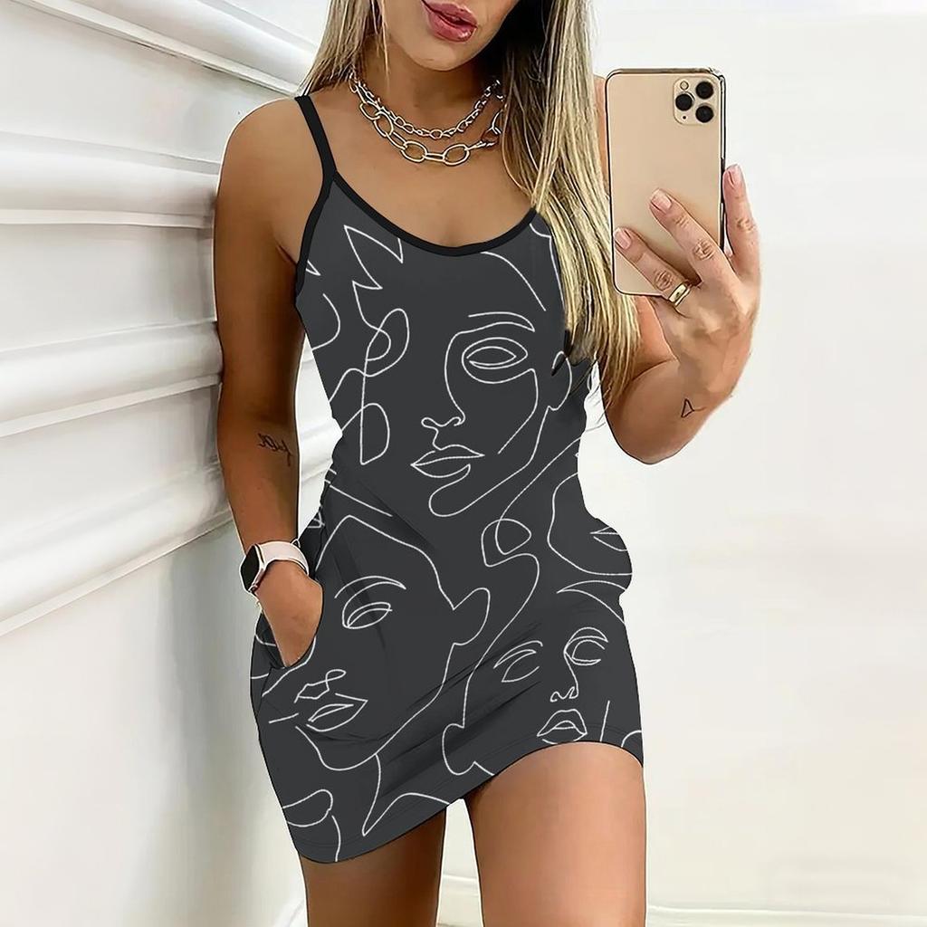 Robe moulante sans manches à imprimé géométrique style estival nouveau avec poches Sexy Coupe ajustée Élégante Robe de soirée