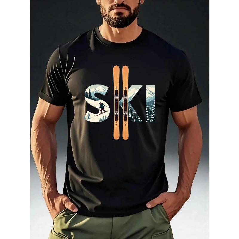 Herren Skifahren & Snowboard Grafik T-Shirt - Kurzarm Atmungsaktiv Rundhals Oberteil, Weiches Lässiges Outdoor Shirt Geeignet für Sommerkleidung, Maschinenwaschbar