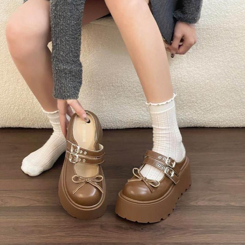 Double-button Thick-soled Round-toe Slip-on Shoes for Women, Anti-slip and Height-enhancing Shoes
